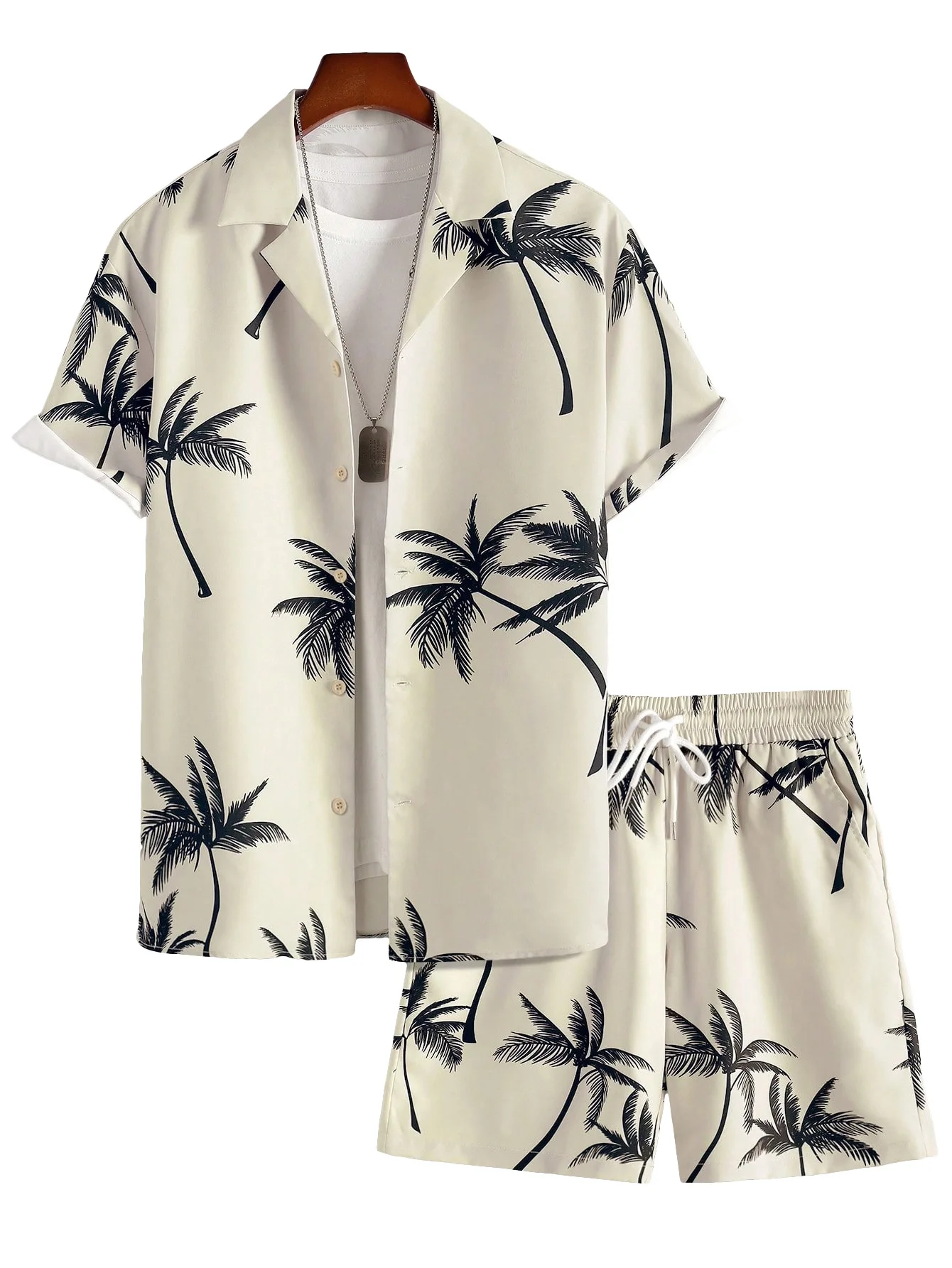 Summer New Collar Printed Ice Silk Short Sleeved Shirt Casual Versatile Vacation Short Sleeved Shorts Beach Set Gym Clothing Men