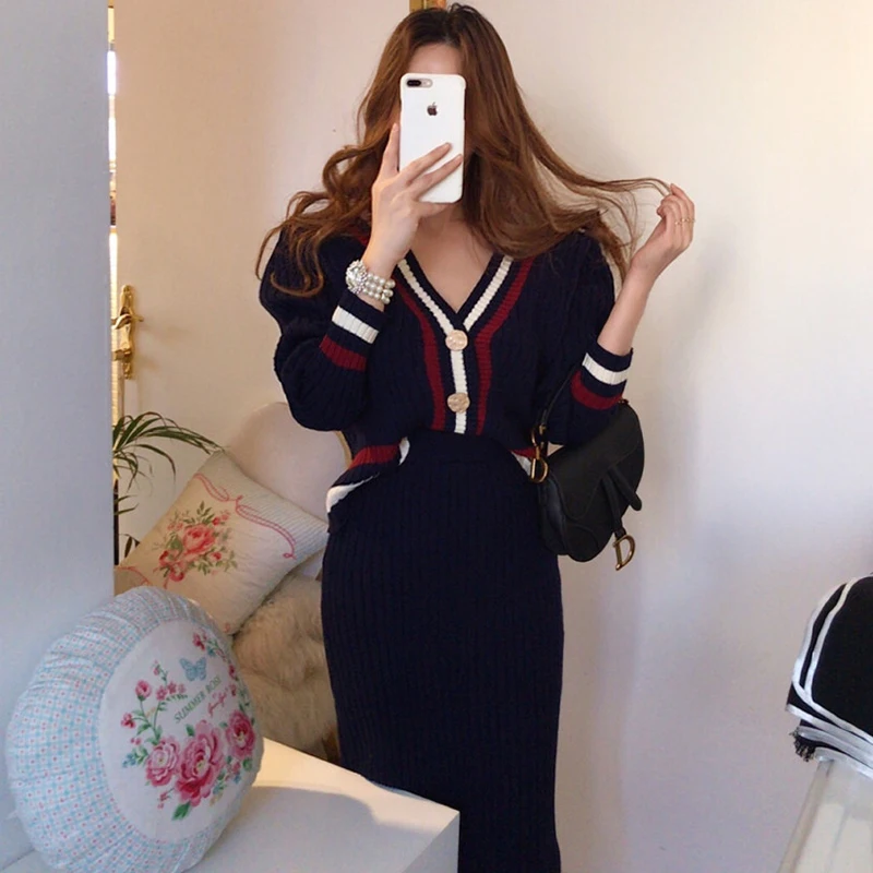 

Chic Autumn Winter Knitted V-Ne Sweater with Color Blo Design High Waist Skirt Set for Young Women Cotton Blend