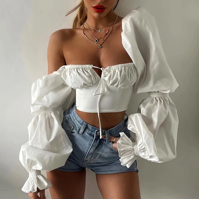 Summer Fashion Sexy Short Blouse Women Lantern Long Sleeve Corset Crop Tops Ladies Casual Off-shoulder Y2k Shirt Blusas 26217