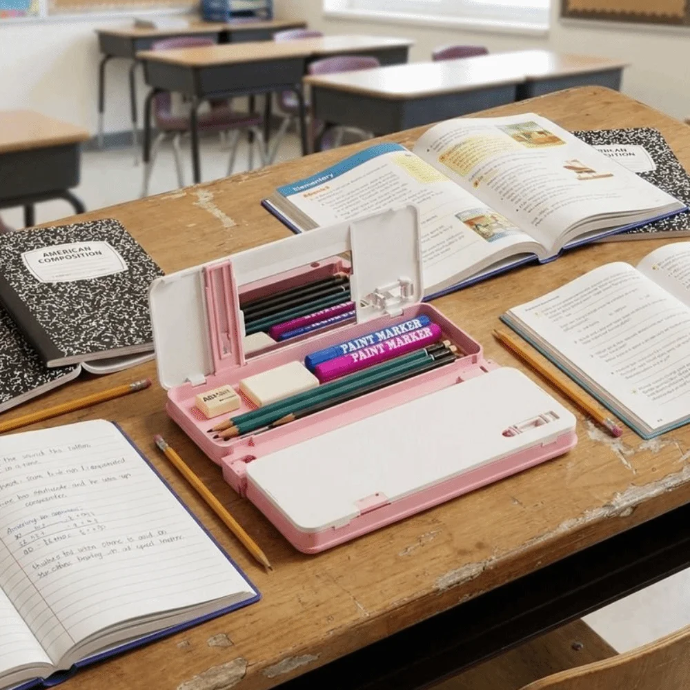 Immagine 3: Portapenne Pieghevole con Supporto per Lettura, Regolabile e Stabile, Libreria Multifunzione con Temperamatite, Astuccio di Grande Capacità