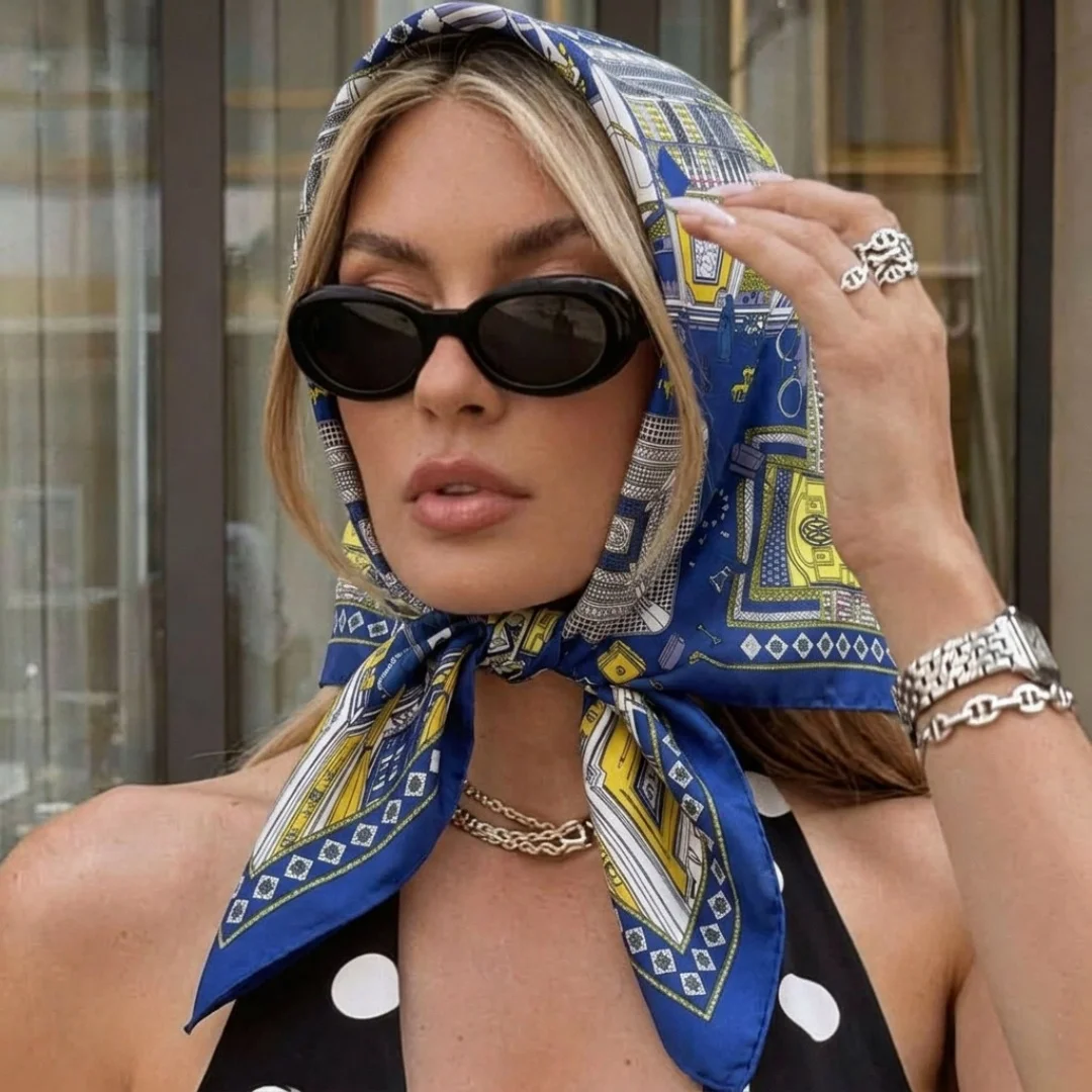 Luxuriöser Seidenschal, Turban, quadratischer Hijab, Kopftuch, Bandana, winddichtes Halstuch, bedrucktes Damen-Wickeltuch