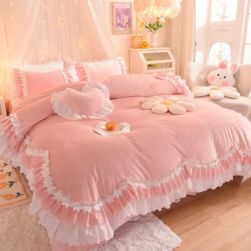 Winter Plus Velvet Padded Double-sided Coral Fleece 4pcs Set Princess Wind Milk Velvet Crystal Velvet Bed Skirt Quilt Cover