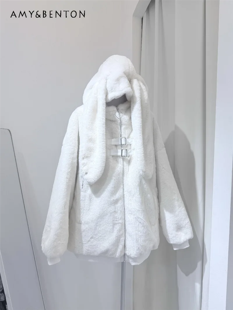 2025 hiver nouveau mignon lapin oreille col haut épaissi manteau en peluche sous-culture Kawaii chaud fermeture éclair mi-longue manteau de fourrure pour les femmes