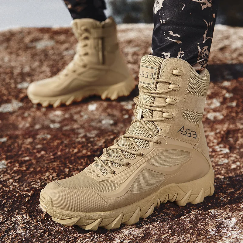 Sepatu bot kulit pria, kualitas tinggi merek High-Top bernapas gurun tempur sepatu bot pria sepatu luar ruangan Non-slip Hiking Ankle BOOT