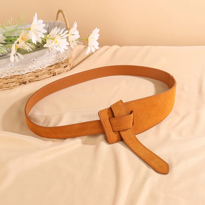 Women’s Suede Cowhide Leather Knot Belt 2024 Full Grain Leather Tie Waist Belt for Dress Coat Jeans Casual Look No Buckle