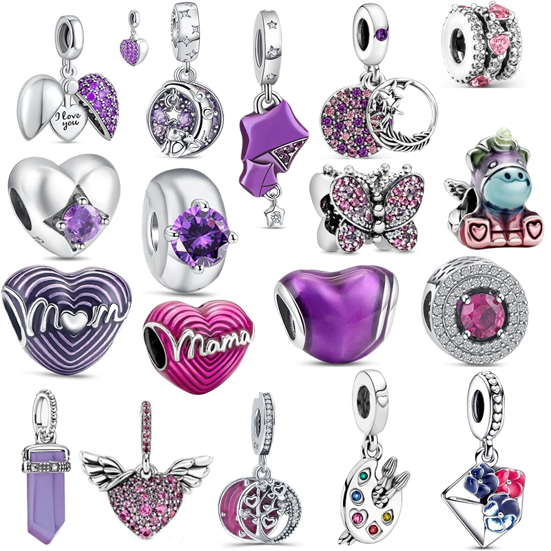 New Purple Beads Sparkling Close Unicorn Artist's Palette Love Mama Heart Fashion Charm Fit Original Pandora Bracelet Jewelry