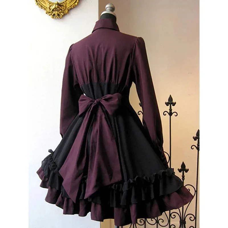 

CyMedieval Retro Gothic Lolita Black Gothic Women Lolita Dresses Bow Collar Pleated Lace Up Goth Vintage Chic Jurken Dress