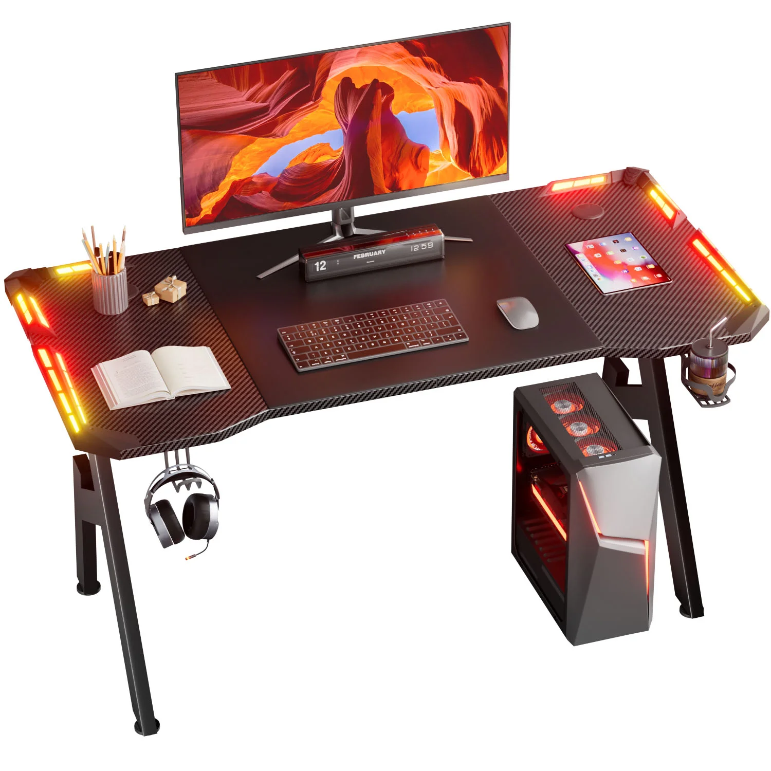 NEBMAAX RGB LED Gaming Desk with App Control Lights, A-Shaped Sturdy Metal Frame Carbon Fiber Surface Gaming Table, Ergonomic Curved Computer Desk with Cup Holder & Headset Hook, Adjustable Foot Pads Gaming Workstation for PC Gamers