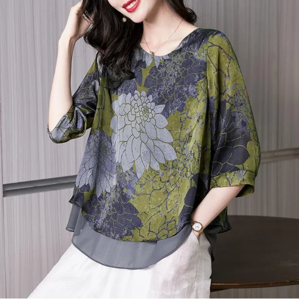 

2023 Women's Elegant Fashion Paisley Printed Gauze Chiffon Shirt Summer Autumn Half Sleeve O-Neck Loose Pullover Blouse