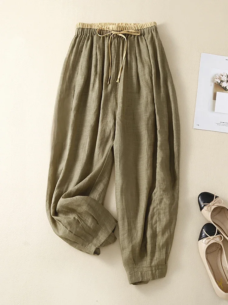 

2024 New Japan Style Vintage Cotton Women Pants Summer Solid Elastic Waist Harem Pants High Quality Female Trousers