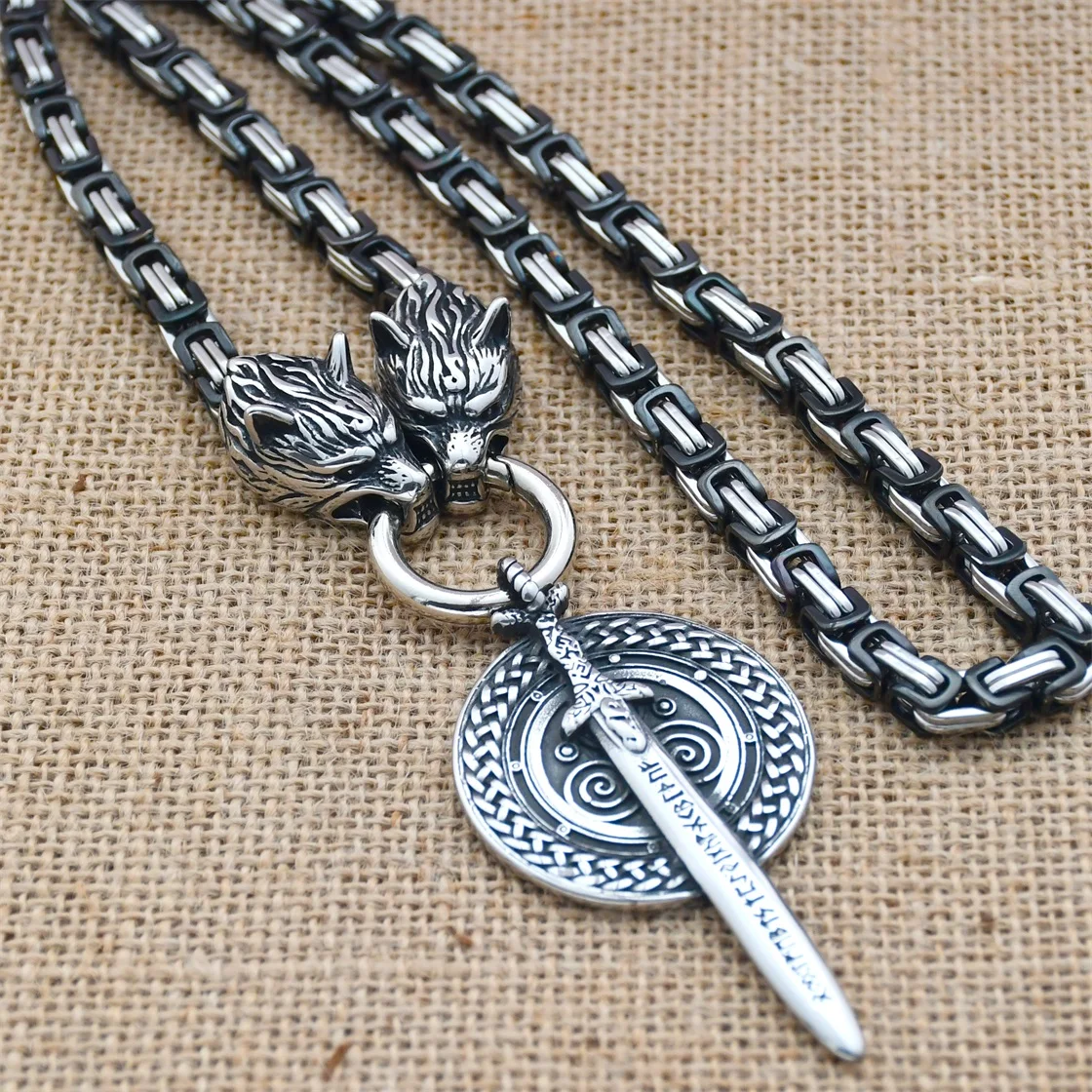 

Viking Wolf Head King Chain Necklace Nordic Rune Sword Round Shield Amulet Pendant Necklace Viking Jewelry