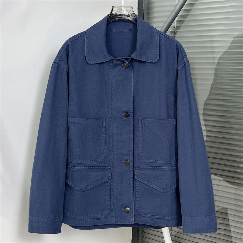 

Женская куртка 2025, зимняя новинка, стираный топ с длинными рукавами в стиле ретро, джинсовая куртка из чистого хлопка, декоративное женское пальто с несколькими карманами y2k