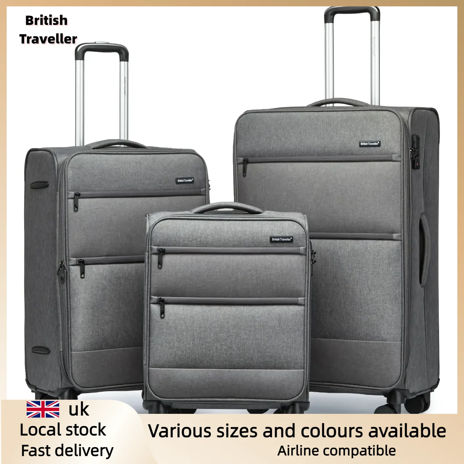 British Traveller Suitcase Lightweight Durable Check in Hold Luggage with TSA Lock and 4 Spinner Wheels