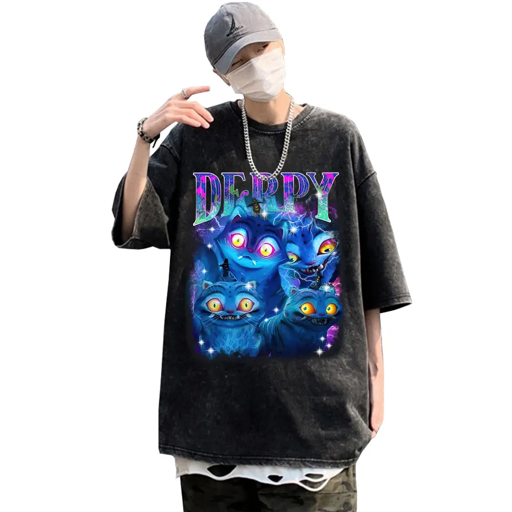 

Kpop Demon Hunters Derpy Tiger Vintage Washed T-shirt Men Women Cartoon Fashion Trend Tee Shirt Men's Cotton Oversized T-shirts