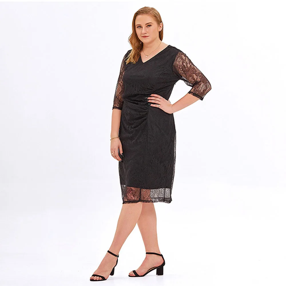 Plus Size Dresses Women 2023 Elegant Slim Ruched Straight Midi Dress Sexy V-neck Lace Half Sleeve Evening Party Dresses Big Size
