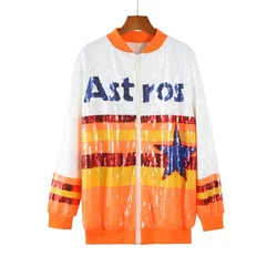 Autumn New Letter Patchwork Color Streetwear Sequins Loose Long Sleeve Women's Jackets Hip Hop Fashion Outerwear Coats