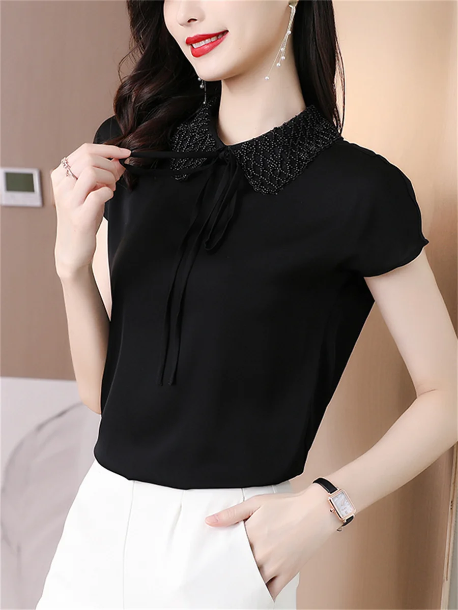 Offic Women Spring Summer Blouses Shirts Lady Fashion Casual Short Sleeve Turn-dow Collar Crystal Sequins Blusas Tops CT0406