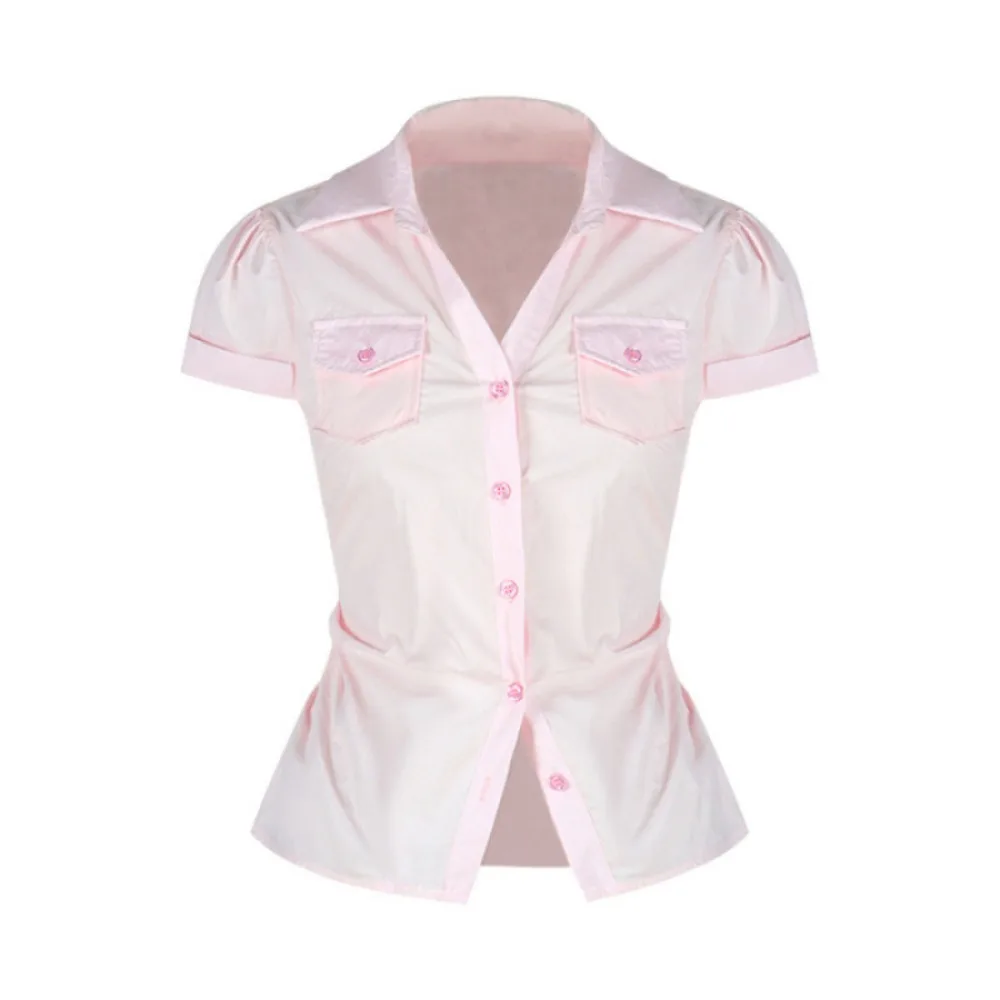 

Casual Short Blue Grid Shirt Korean Style Streetwear Women Blue Grid Blouse Pink Ruffle Long Sleeve Tops Travel