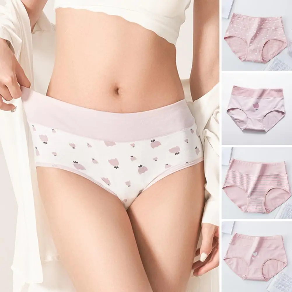 Women Cotton Panties Cartoon Flower Print Women's Briefs High Waist Tummy Control Underwear with Moisture Wicking Anti-septic