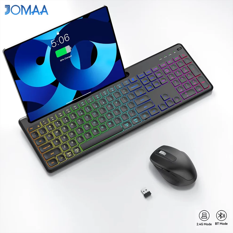 JOMAA Dual Mode Rechargeable Bluetooth & USB Wireless Keyboard Backlit Colors LED Silent Click Keyboard and Mouse Set