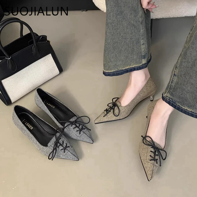 

SUOJIALUN 2025 New Brand Women Pumps Shoes Fashion Pointed Toe Slip On Ladies Elegant Single Shoes Thin Low Heel Pumps Shoes