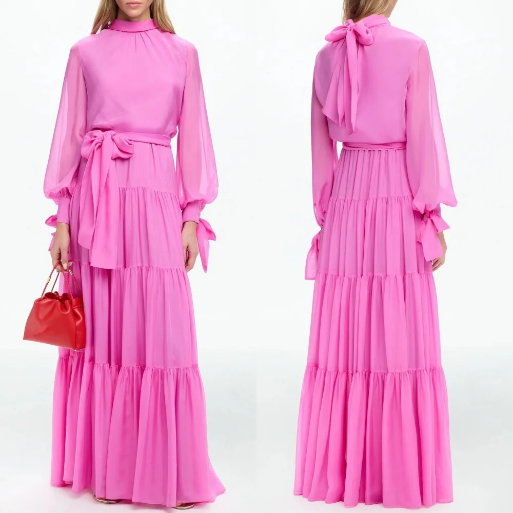 

Customized Chiffon Pleat Sash High Collar A-line Long Dresses Bespoke Occasion Homecoming Party Simple Elegant Sizes Available