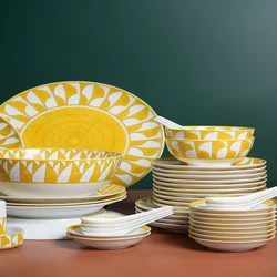 10 person tableware, European style ceramic home round dining plate, sunflower cup plate, home steak plate set