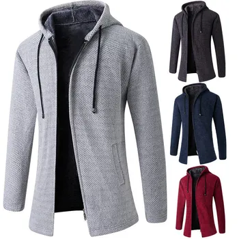 Men's Winter Hooded Cardigan Trench Coat Streetwear Solid Color Windbreaker Leisure Fashion Fleece-lined Jacket Vintage Hoodie
