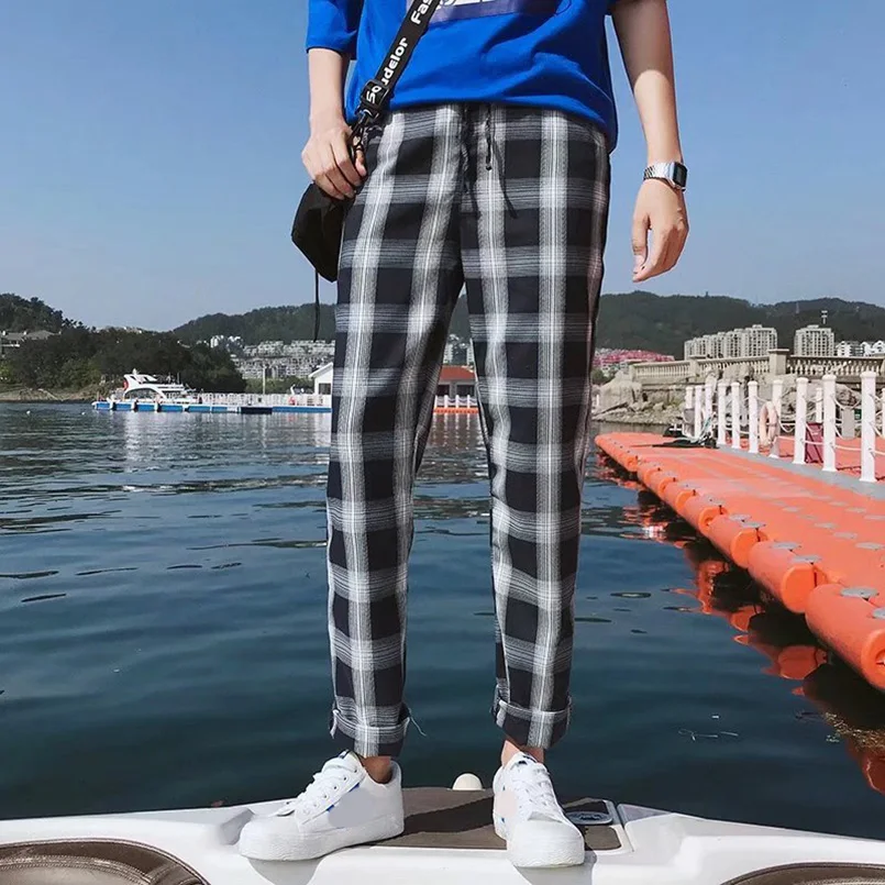 

Весенние клетчатые мужские брюки-шаровары, корейские облегающие повседневные брюки, мужские брюки Chi, 2025 г., мужские брюки-карандаш, хип-хоп, бодибилдинг Z1