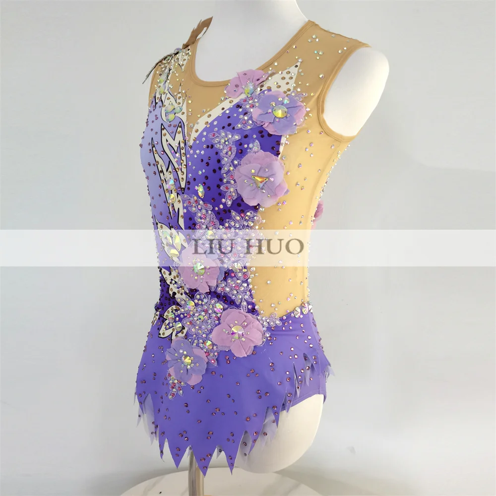 LIUHUO Rhythmic Gymnastics Leotard Aerobics Adult Women Girl Costume Performance Competition Dance Dress Purple Teens Kids