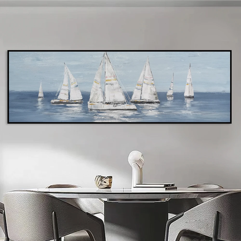 Abstract White Sailboat on the Sea Canvas Painting Nordic Ship Seascape Poster Prints Pictures for Living Room Home Wall Art