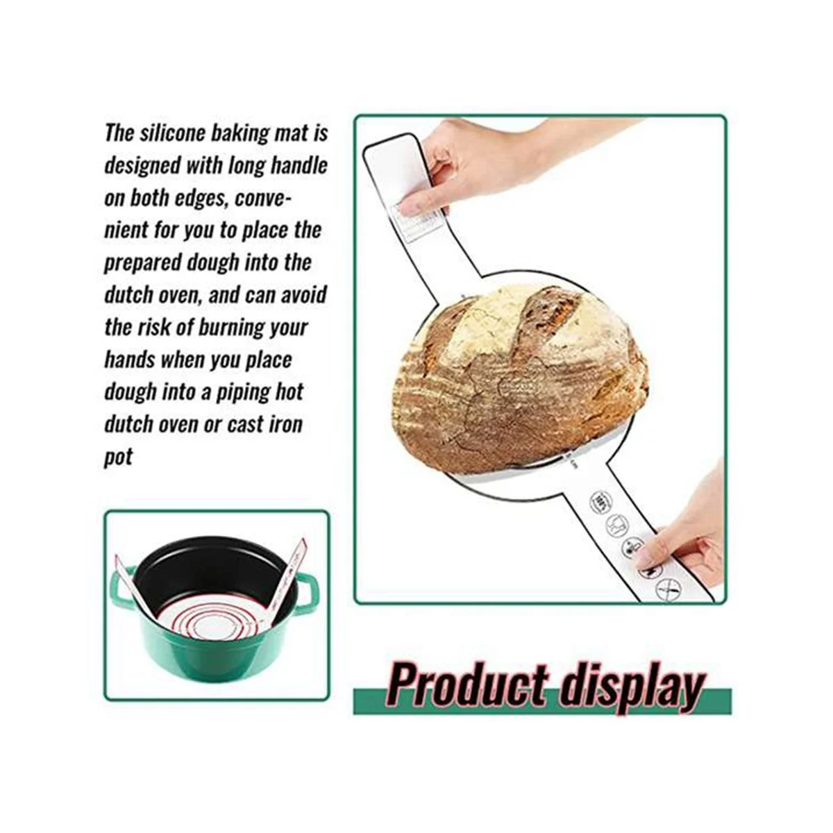 Tappetino da forno in silicone da 2 pezzi per forno olandese, tappetino da forno antiaderente con manico lungo, fogli riutilizzabili da 8,3 pollici, nero