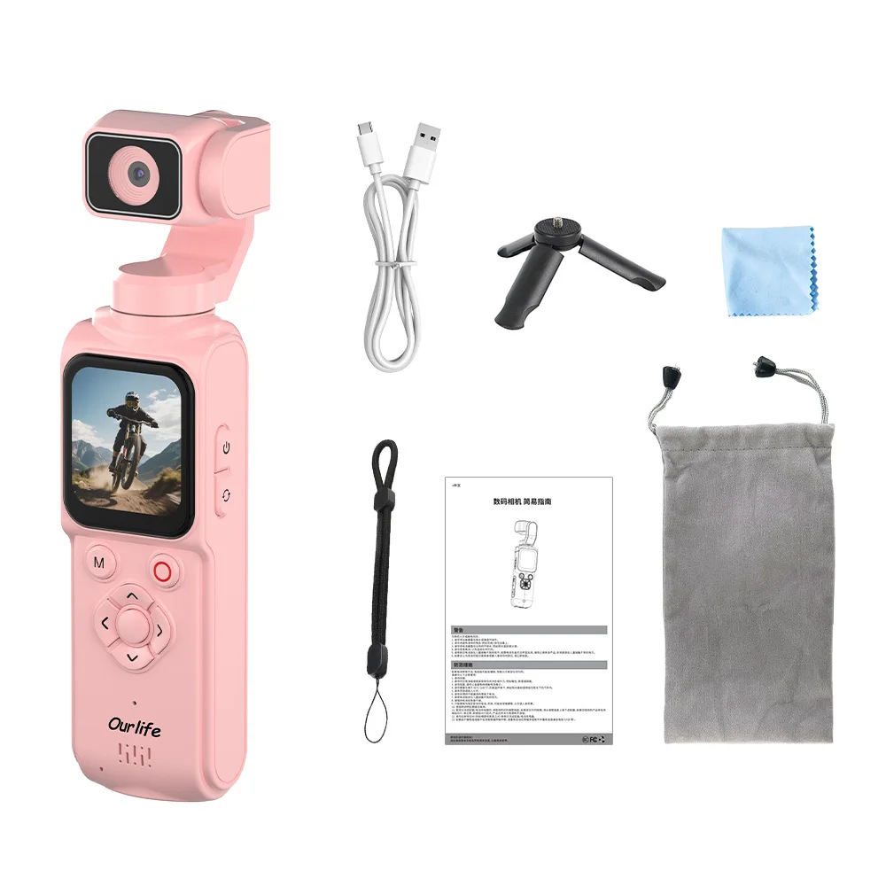 Ourlife 4K Actiecamera 330 °   Face Tracking Gimbal Stabilizer 1,72 inch touchscreen 64MP zakcamera WiFi sportcamera
