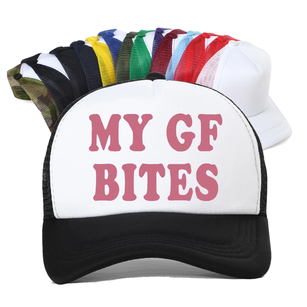 

My Gf Bites Funny Baseball Cap Summer Couple Cotton Mesh Unisex Adjustable Breathable Trucker Hat