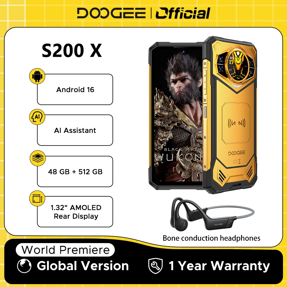 DOOGEE S200 X 5G Rugged Phone 48GB 512GB Dimensity 7050 6.72” FHD+120Hz 10100mAh 100MP Camera Android 16 NFC Smartphone