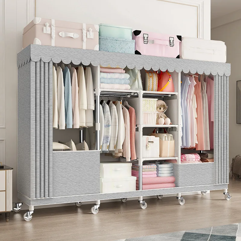 Enclosed Cloth Wardrobe For Home Use With Steel Pipe Reinforced Thickened Full Steel Frame Oxford Fabric Sealed Simple