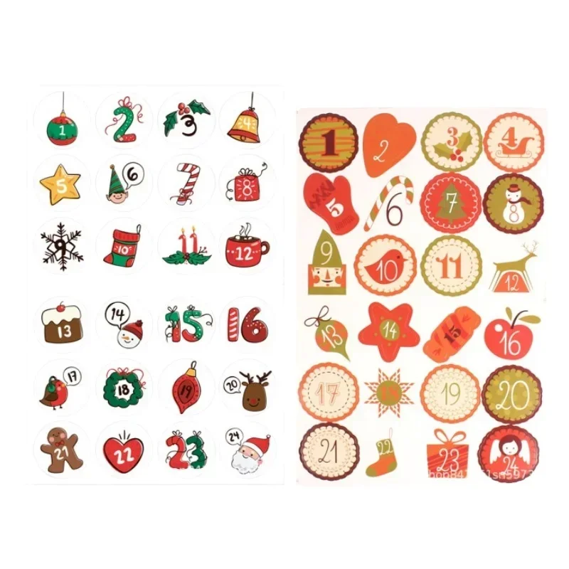 1‑Sheet Christmas Advent Calendar Number Paper Sticker, DIY Gift Seal Label for Cookie Candy, Merry Xmas New Year Decor