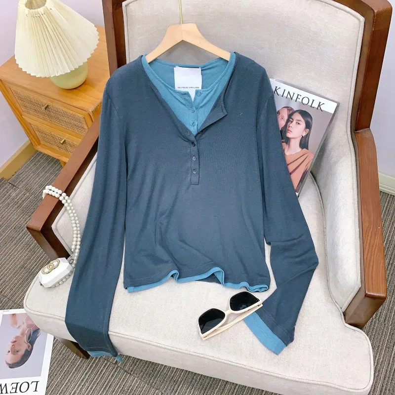 

Long Sve Wool Silk T-irt Button Collar Color Blo Slim Fit Spring Faionable Henry Button Ladies T-irt China Made