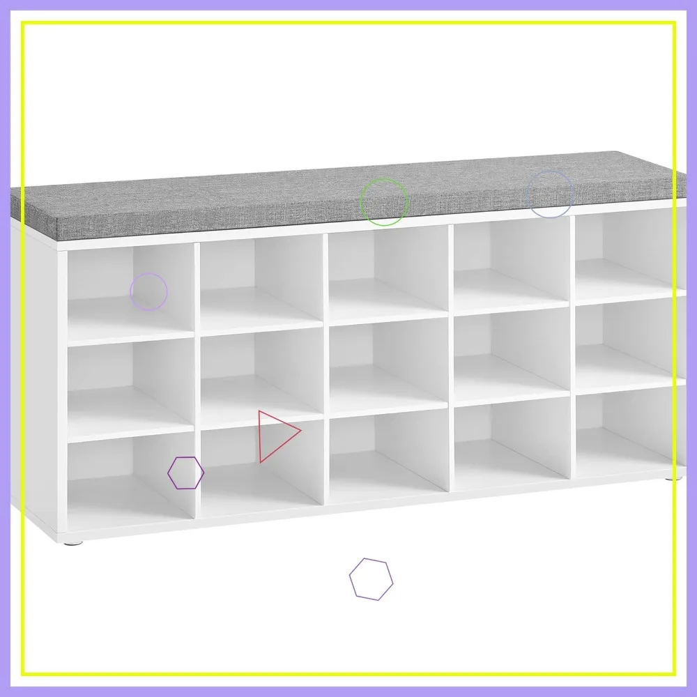 Shoe Storage Bench with 15 Compartments, Padded Seat, Entryway Organizer for Bedroom, Cloud White & Dove Gray