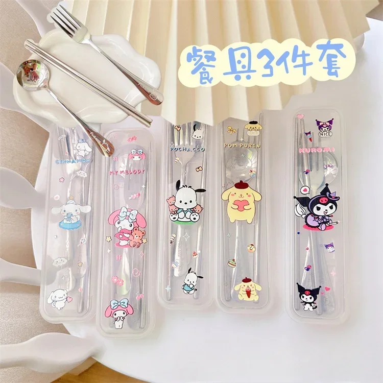 Sanrio Anime Stainless Steel Tableware 3-piece Set for Girl Hello Kitty Spoon, Fork, Chopstick Set Student Portable Tableware