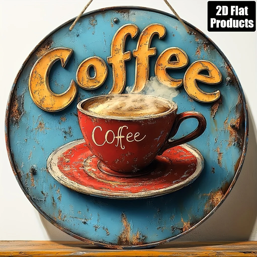 Letrero artístico de pared de madera redondo con temática de café vintage, plano, 2D, diseño "Coffee Time", con taza y platillo rojos, fondo azul, Rus, 1 ud.