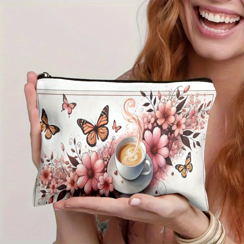 A Coffee flower butterfly pattern makeup bag- multifunctional zipper pouch, jewelry storage bag, perfect travel zipper small sto
