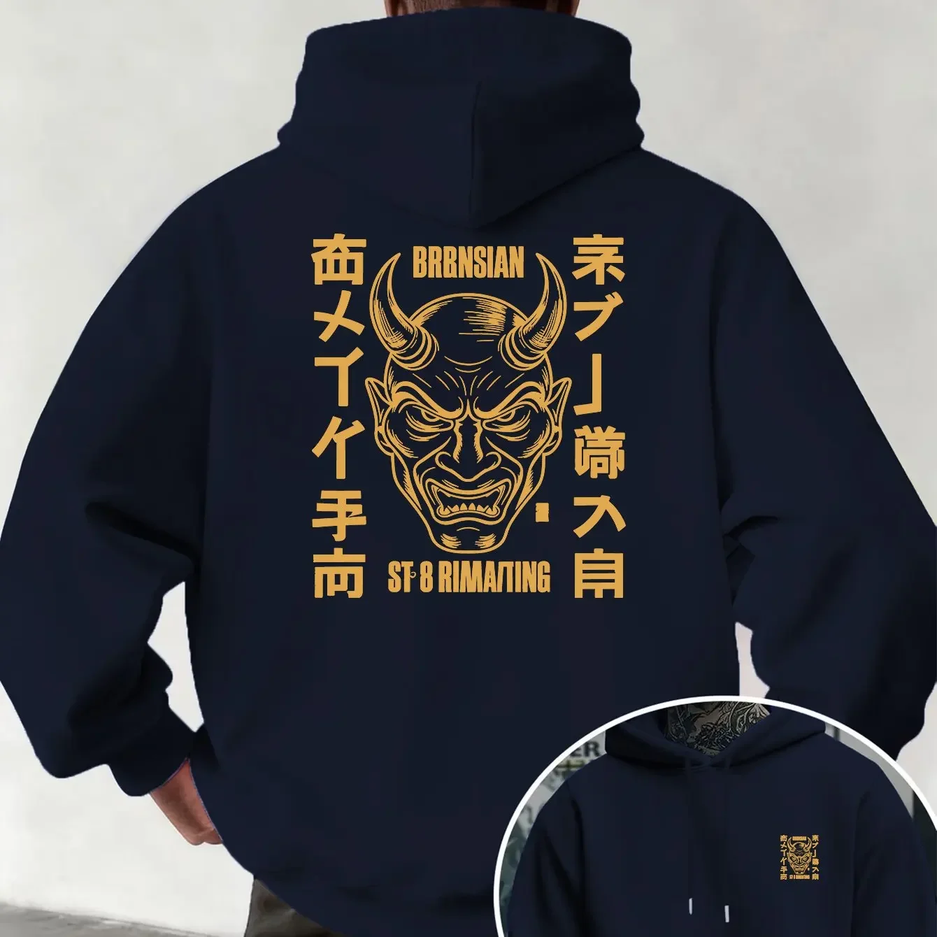 Sudadera con Capucha para Hombre, Otoño/Invierno, Estilo Japonés, Diseño de Cara de Demonio, Estampado Creativo de Doble Cara