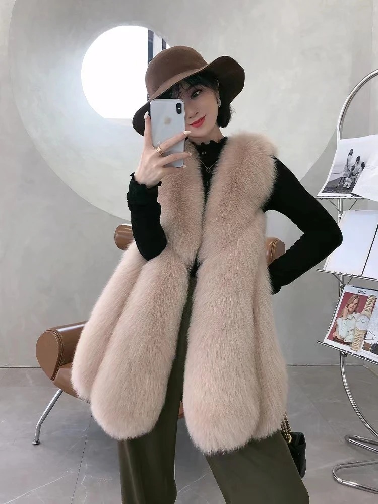 2022 Winter New Fashion Women Customized Real Fox Fur Female Black Elegant Fluffy Thick Warm Fox Fur Jacket Vest Long Outerwear