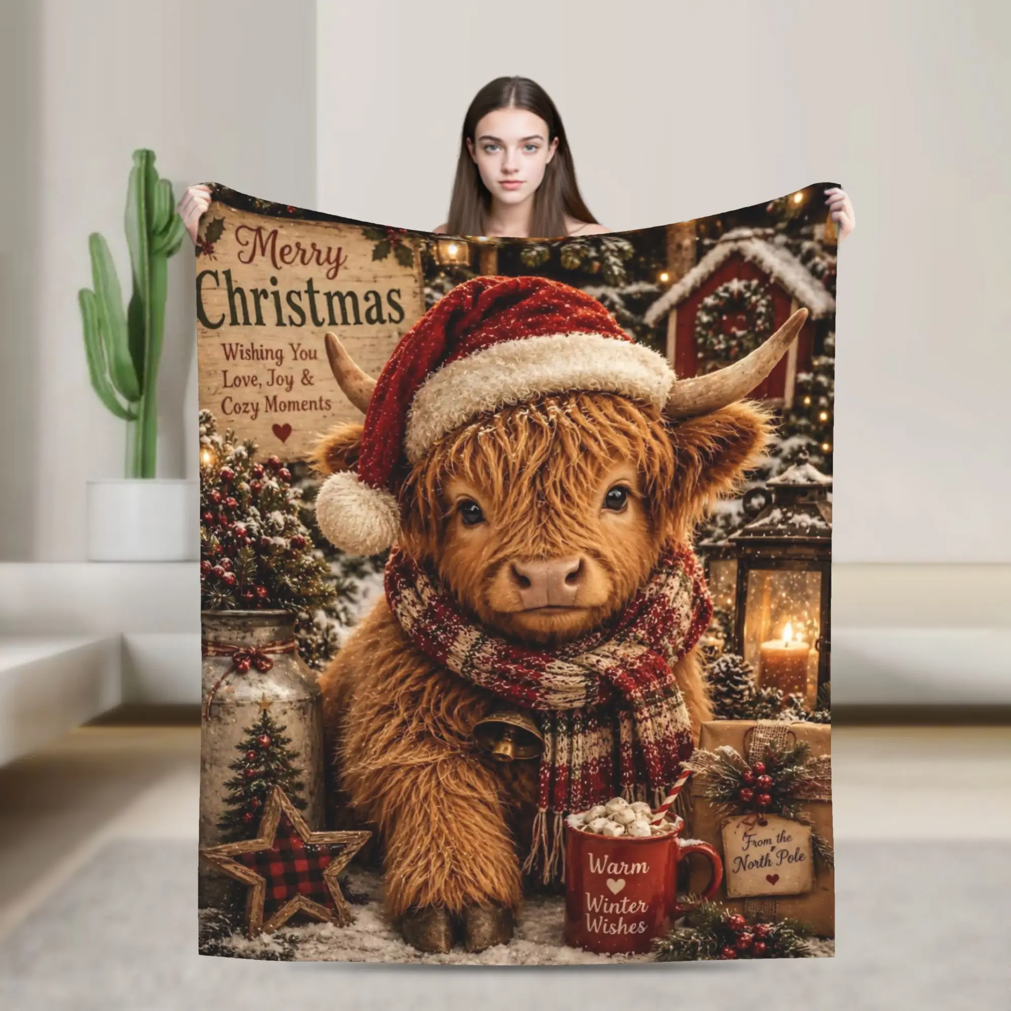 Christmas Highland Cow Blankets Fleece Spring Autumn  Multi-function Ultra-Soft Throw Blanket for Home Office Plush Thin Quilt