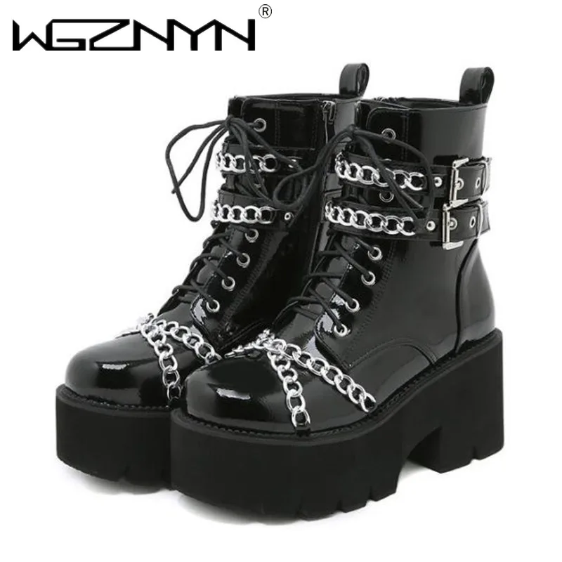 Fashion Women Shoes Boots Black Dark Cool Thick Bottom Platform Harajuku Shoes With Metal Chain Gothic Punk Girls Shoes Footwear