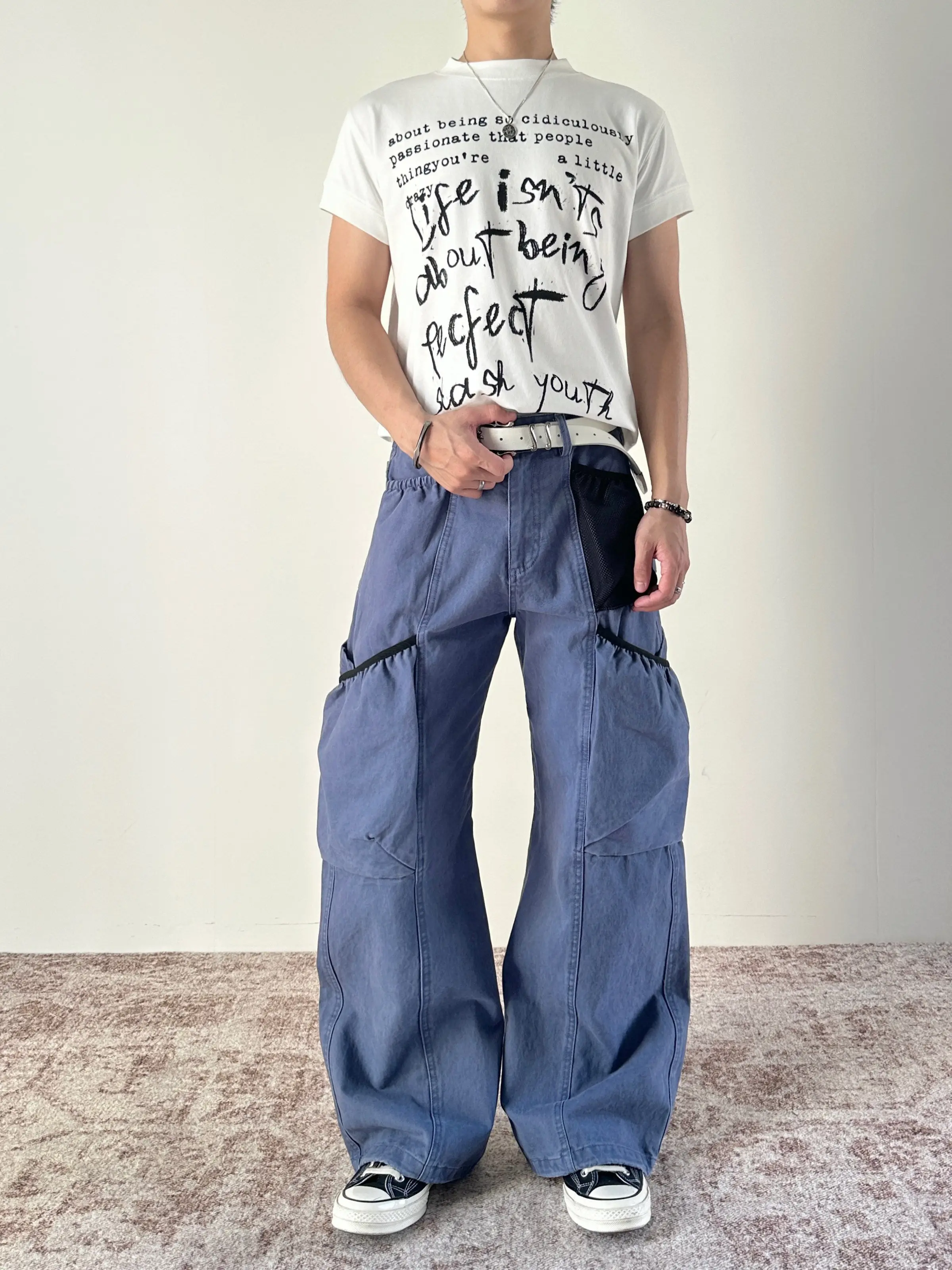 American High Street Retro Multi-Pocket Men's Loose Straight Leg Casual Pants Knife Workwear Jeans mid Waist Button Closure