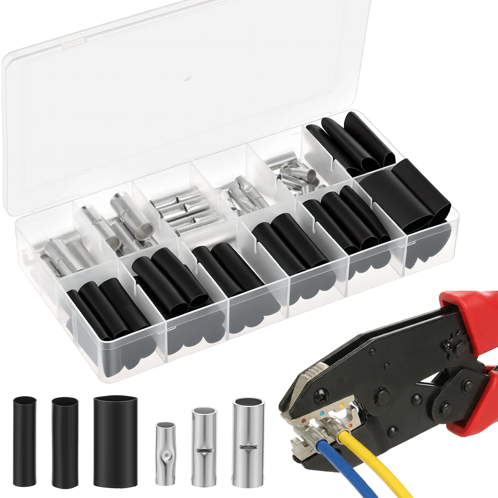 80Pcs Copper Butt Splice Connectors Kit 4 6 8 AWG Gauge Uninsulated Wire Crimp Terminals with 3:1 Marine Heat Shrink Tubing Set