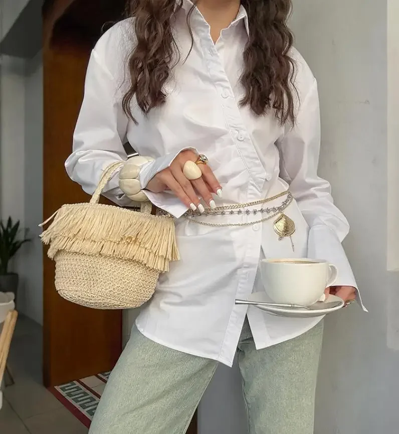 

2026 Autumn Women's Clothing Pure Cotton Design Niche Trend Fashionable Slim Fit Waist Cinching Careful Machine Hem Slit Shirt