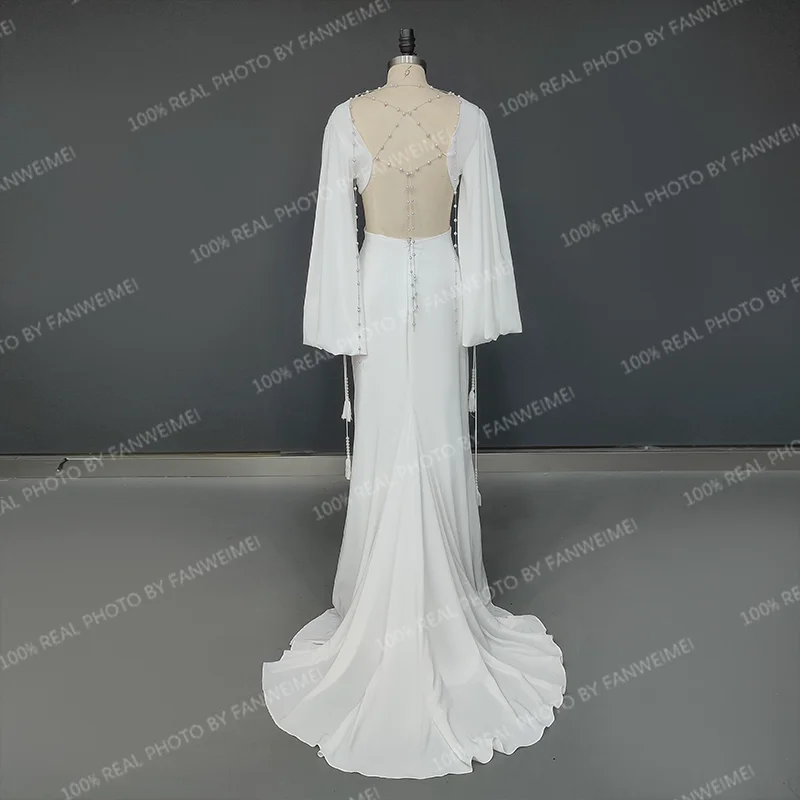 Robe de mariée sirène dos nu à col en V simple avec pompon, robe de patients, manches bouffantes perlées, train de balayage, personnalisé, exquis, 8868 #